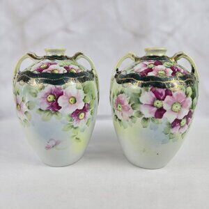 Pair of Nippon Japanese Vases Hand Painted Enamel Beading Floral Gold Accent VTG